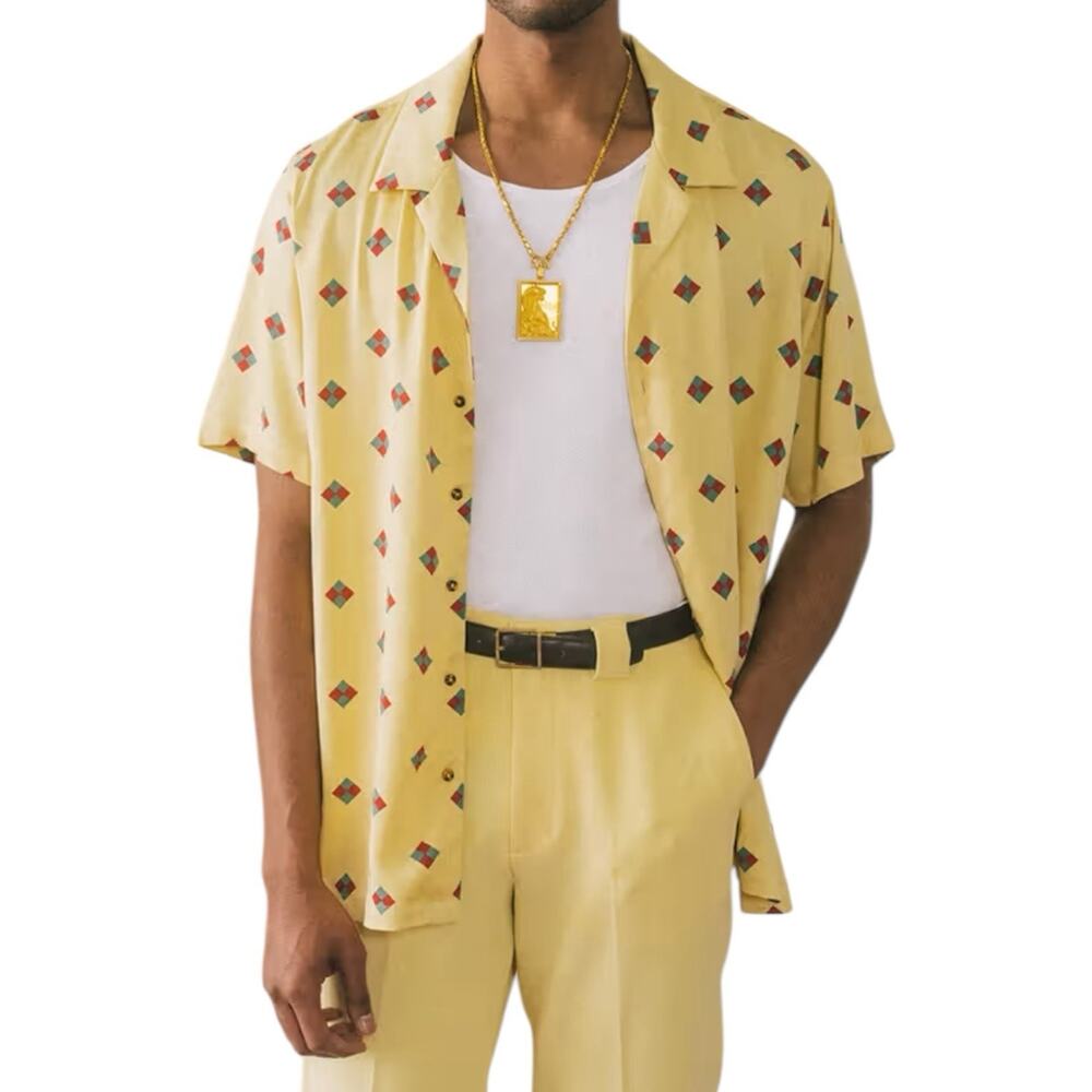 NWT Bogey Boys Yellow Geo Print Button Front Short Sleeve Shirt Mens Size Medium